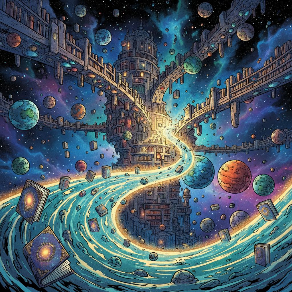 The Weaver of Worlds — page 2 panel 5: As Emma writes, the ethereal Library of Worlds, shown in a swirling, cosmic expanse, begins to regain its vibrancy. Ghostly books glow faintly, colors returning to their faded covers, a ripple of magic spreading.