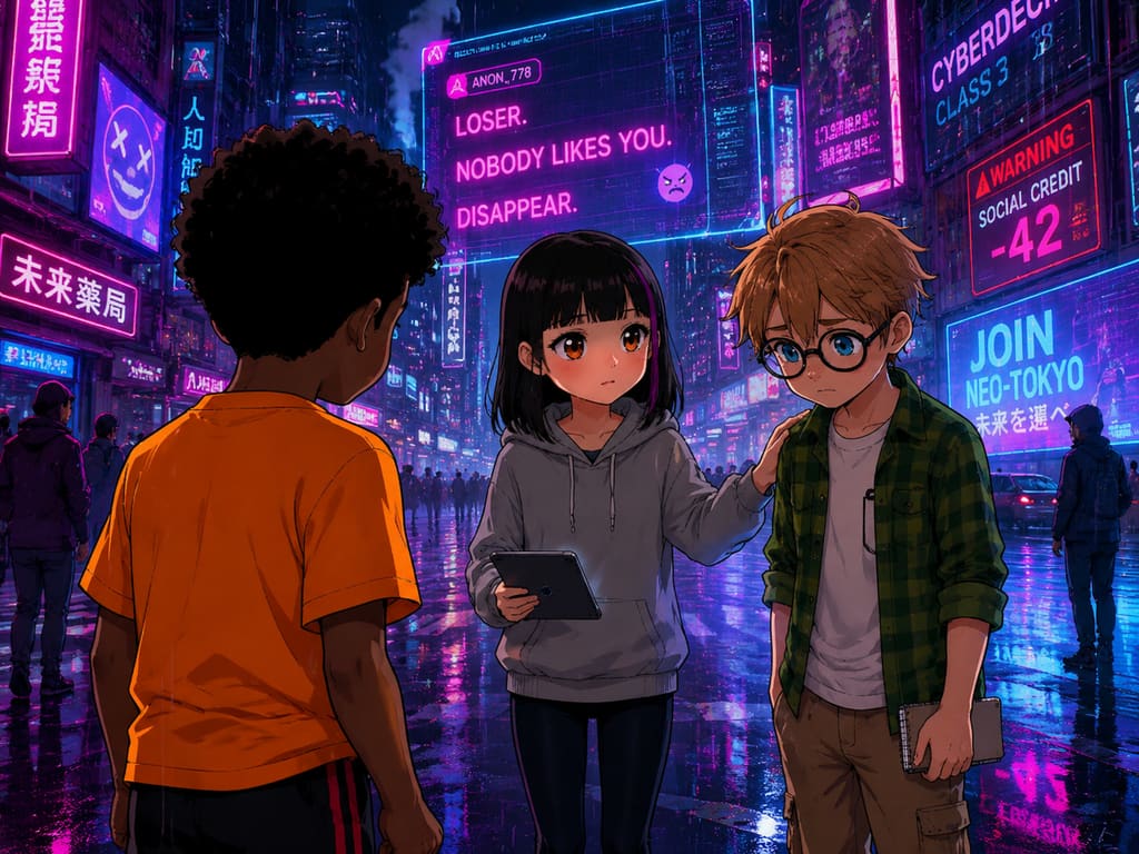 The Digital Defenders: CIVIX Adventure: página 2, viñeta 5: Maya gently places a hand on Jordan's arm, urging him to pause. She looks at Sam with empathy, offering quiet support, while Jordan's anger slowly subsides.