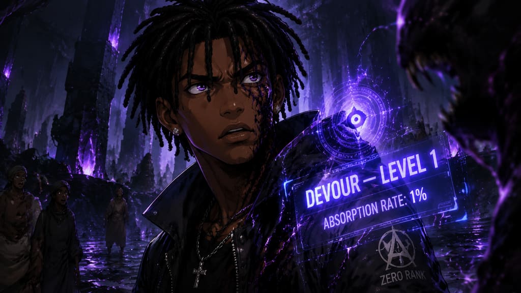ZERO RANK — Episode 1: Rank Zero — page 2 panel 5: A hidden system response ignites inside Malik's vision. The words DEVOUR — LEVEL 1 and ABSORPTION RATE: 1% appear like a forbidden awakening.
