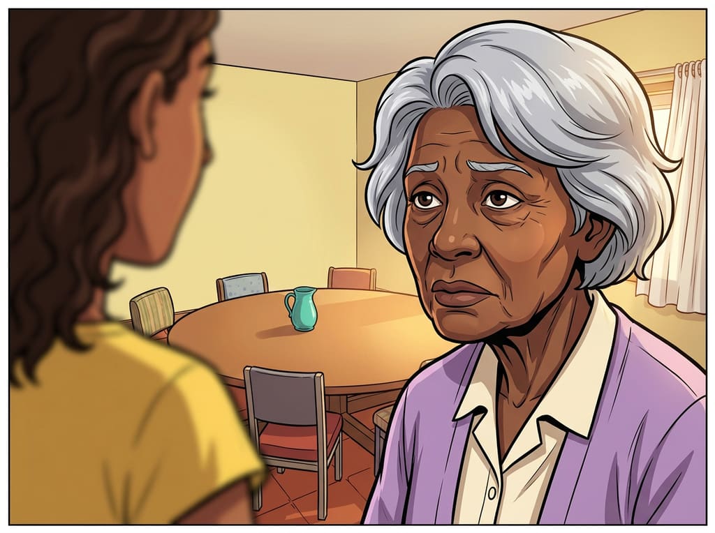 Renascer: Cuidar de Si Também é Viver — page 2 panel 5: O medo de Lucília aparece sem disfarce. Ela confessa que não é preguiça: é o receio de descobrir algo no exame.