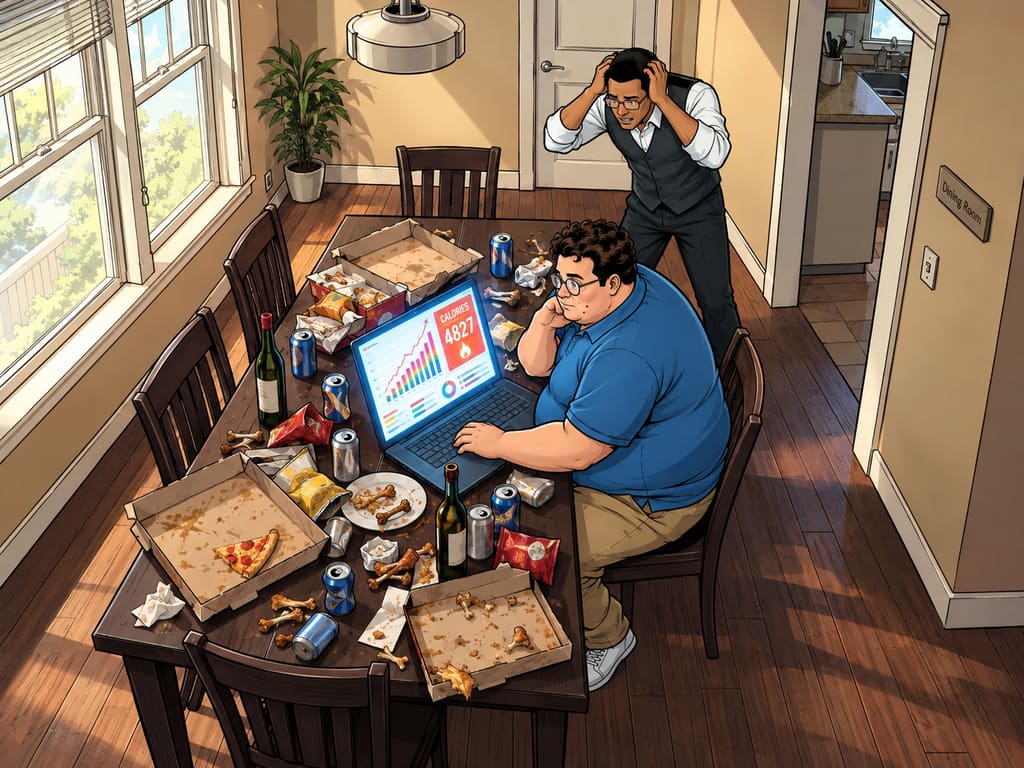 Datagedreven afvallen........ of niet? — page 2 panel 5: Martin has gained even more weight and sits amid the evidence, staring at the dazzling dashboard with exhausted disappointment.