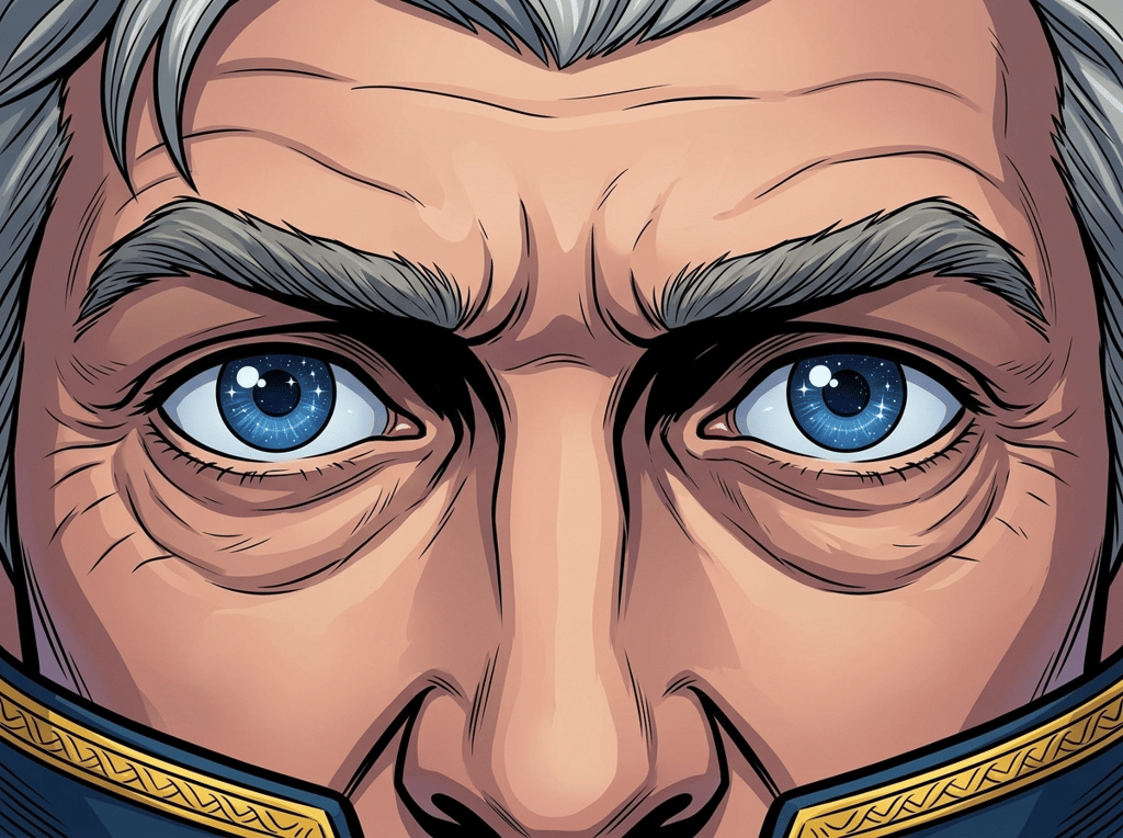 The Man Who Outlived the Ice — page 2 panel 6: A tight close-up on Sir John Franklin's eyes, reflecting the sharp, cold stars of the Arctic night. There's a glint of desperation and a final, stubborn resolve.