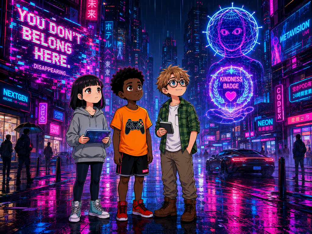 The Digital Defenders: CIVIX Adventure: página 2, viñeta 6: The trio stands united, reporting the hurtful message. It dissolves into pixels. CIVIX appears, awarding them the 'Kindness Badge.' Sam offers a grateful smile.