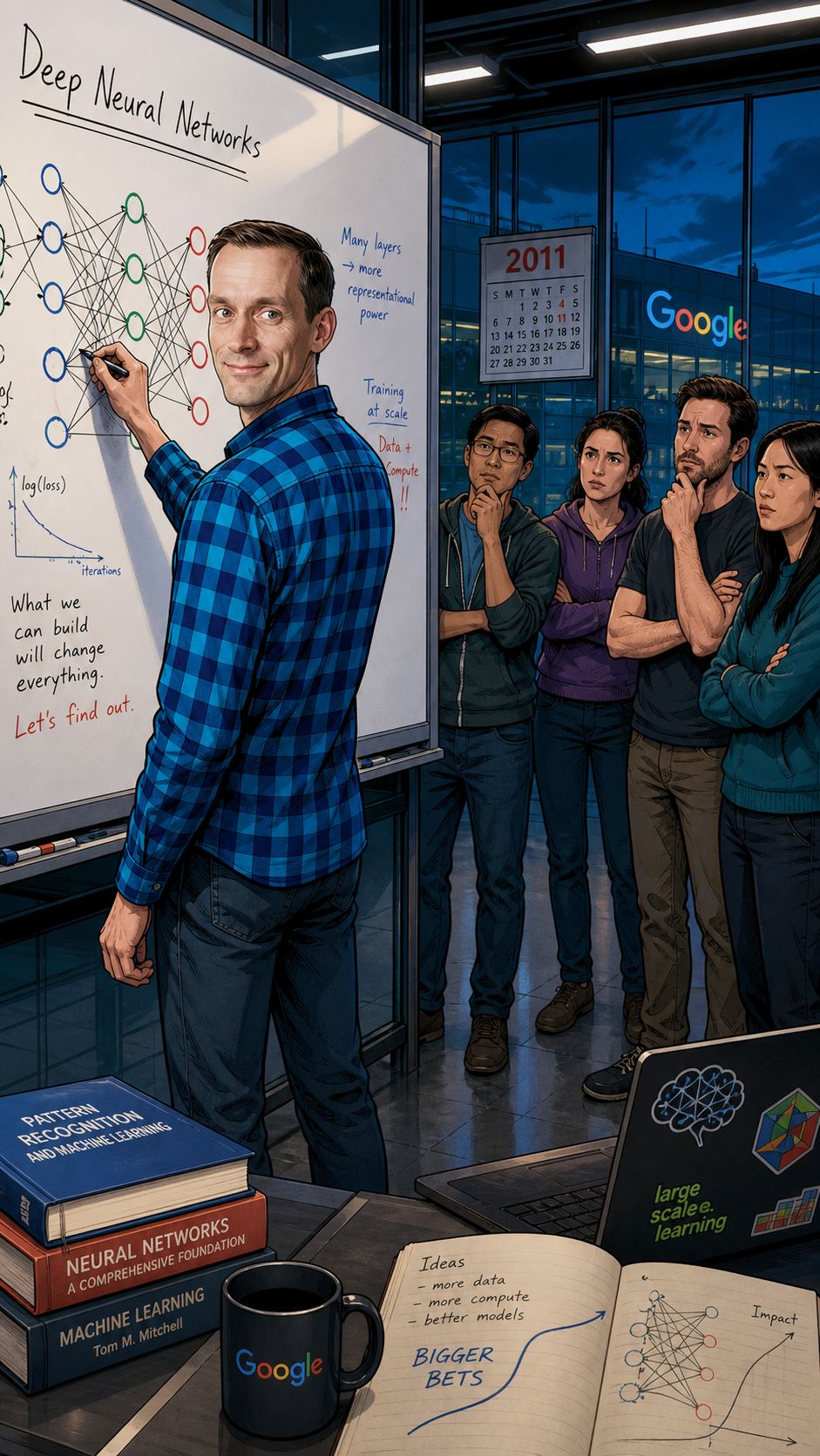 The Man Who Built Google's Brain — page 2 panel 6: In 2011, Jeff Dean co-founds Google Brain, choosing to bet early on neural networks. The room is uncertain, but his conviction is calm.