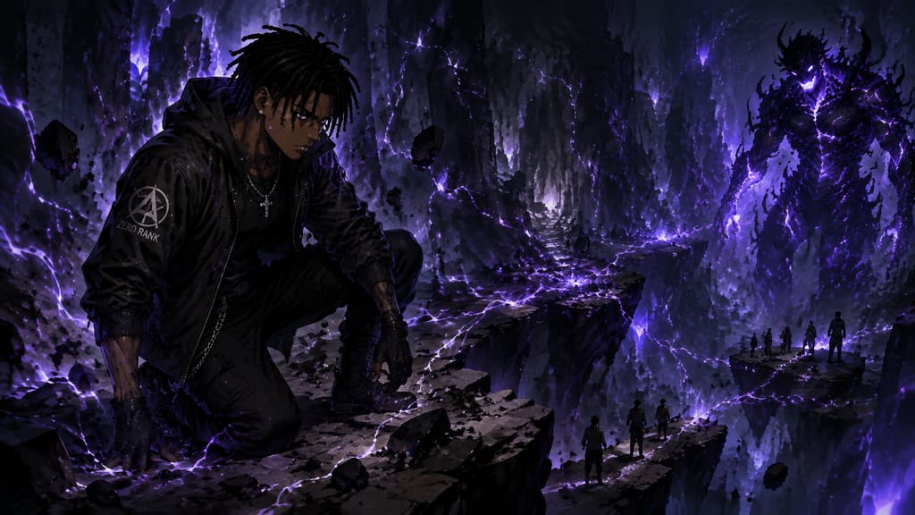ZERO RANK — Episode 1: Rank Zero — page 2 panel 6: Malik forces himself upright. He notices the cavern's loose stones, narrow ledges, and unstable energy currents, turning the environment into his only advantage.