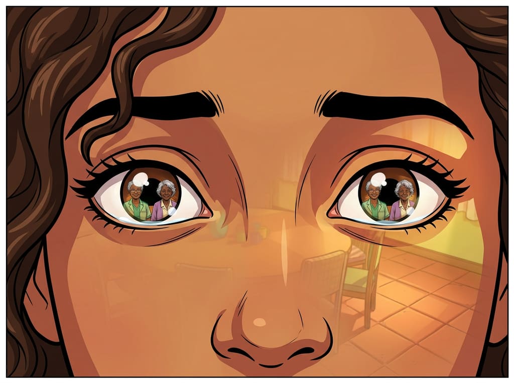 Renascer: Cuidar de Si Também é Viver — page 2 panel 6: Jennifer reconhece o próprio medo no rosto de Lucília. Pela primeira vez, a conversa deixa de ser sobre alguém distante.