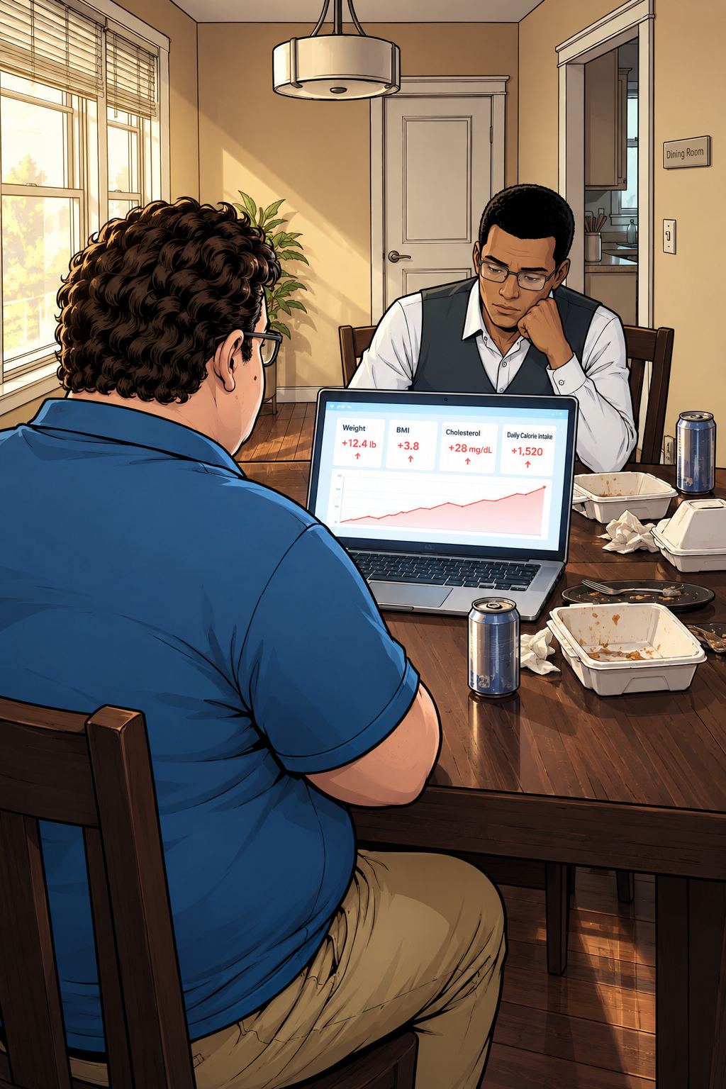 Datagedreven afvallen........ of niet? — page 2 panel 6: After the chaos, Martin and Elias sit in silence before the immaculate dashboard; the data is complete, but the lesson is painfully obvious.