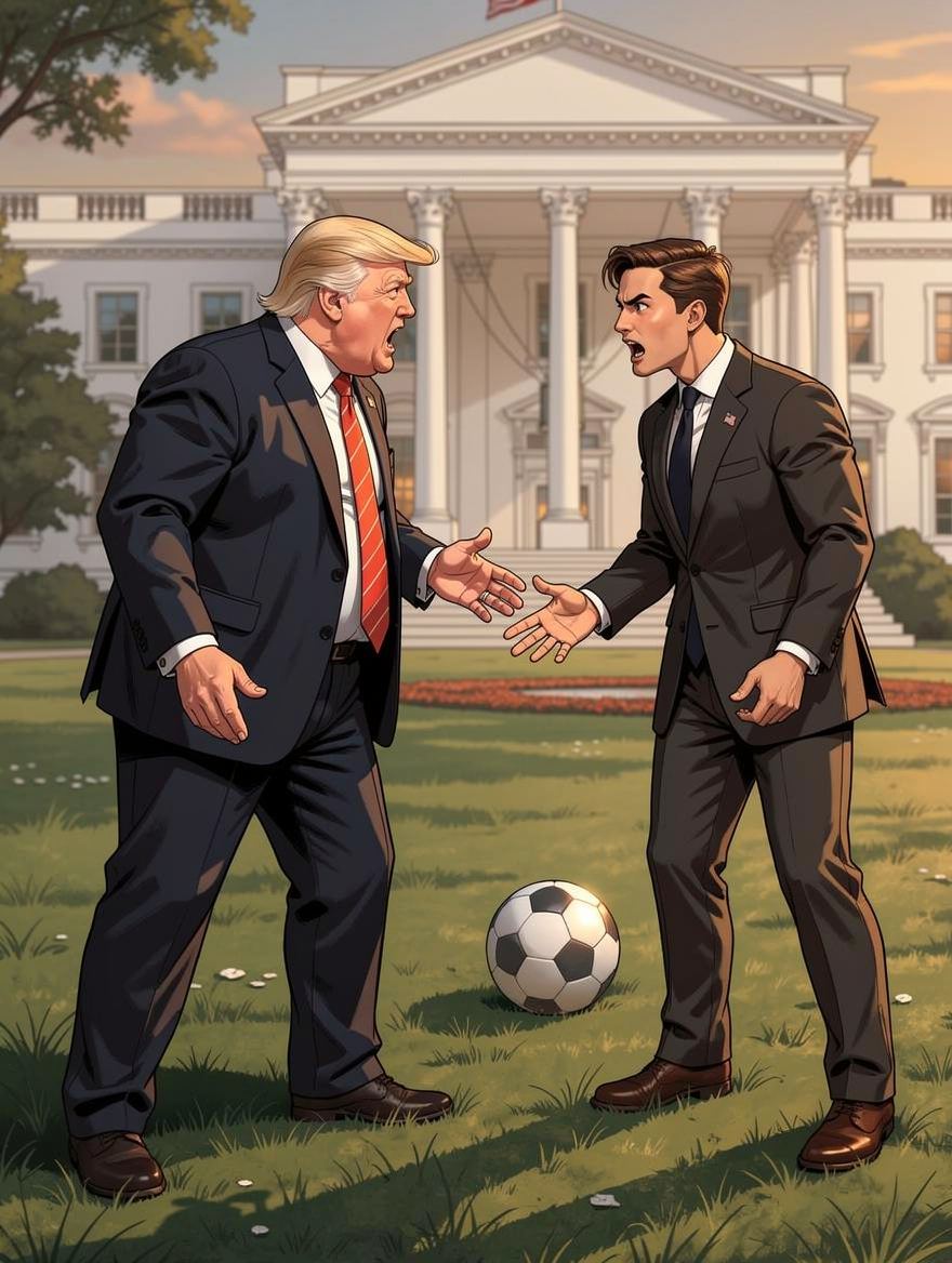 白宫草坪上的争执 — page 2 panel 1: 突然间,气氛骤变。球被遗忘在一旁,trump 和 mask 面对面站着,表情愤怒,争吵升级。一场友谊赛变成了激烈的争执。