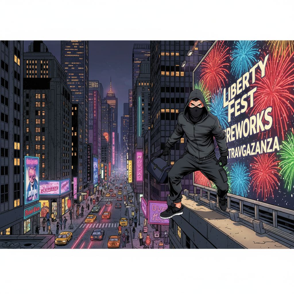 Crimson Comet: Harbor Heist — page 2 panel 1: The thief spots a massive fireworks billboard, a desperate gamble for escape. He braces himself, ready to crash through, hoping to lose Comet in the explosion of light.