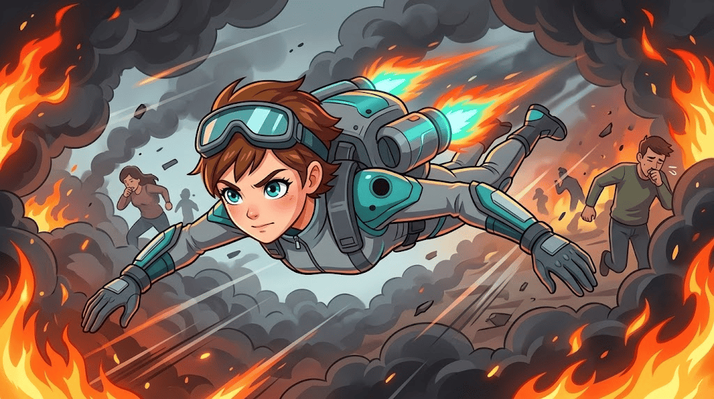 Skye the Sky-Rider: página 2, viñeta 1: Without hesitation, Skye activates her jetpack, diving steeply and swiftly through the dense, acrid smoke towards the burning barn. Her resolve is set.