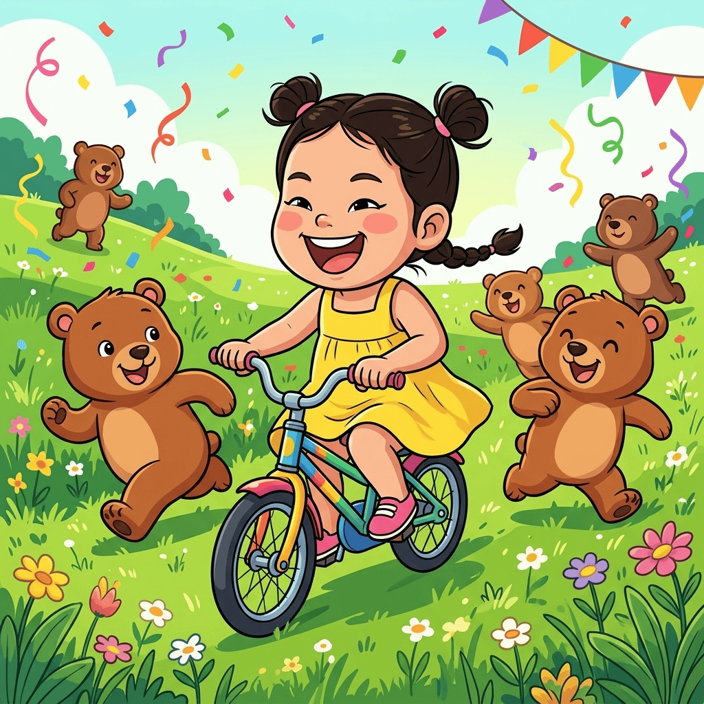 HanHan's Magical Birthday Wish — page 2 panel 1: The world around HanHan has transformed into a vibrant, grassy paradise. She gleefully pedals her new, colorful bicycle, a giant grin fixed on her face, as friendly, cartoonish bears frolic alongside her. The magical meadow subtly blends into the festive birthday party, with colorful confetti and streamers floating in the air, creating a joyful fusion of wish fulfillment and celebration.