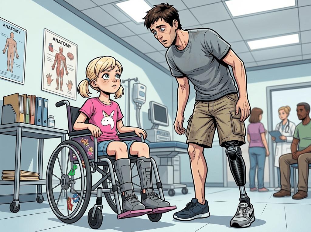 The Ghost Leg and the Coming Storm — page 2 panel 1: A small voice cuts through the room. Andrew looks down to see Emma, a towheaded girl of eight in a sticker-covered wheelchair, her gray-green eyes devoid of pity, asking a blunt question about his prosthetic.