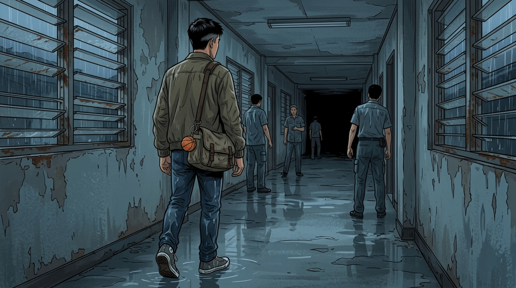 Letters I'll Never Send — Part One: Miles Between Us — page 2 panel 1: PB enters the low-ceilinged hallway, his wet rubber soles squeaking into the silence while the smell of wet asphalt, chalk dust, and damp cotton uniforms brings June 2001 rushing back.