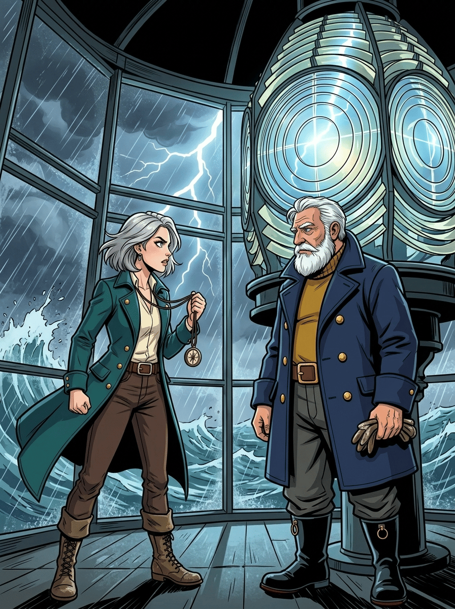 The Moving Sea — page 2 panel 1: During a violent storm, Mira climbs the spiral stairs and confronts Tomas at the lighthouse lantern room, anger battling fear.