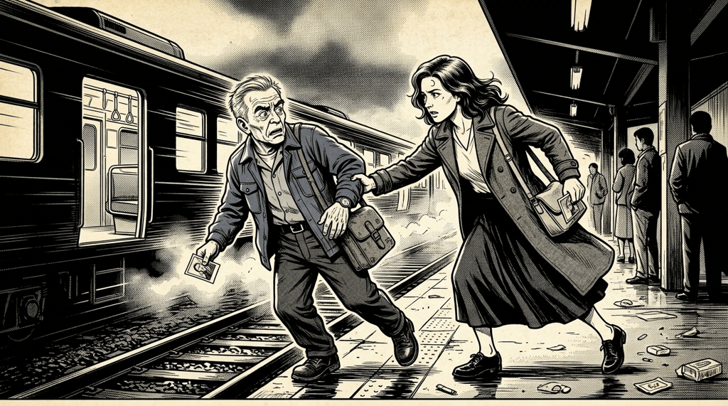 The Last Train — page 2 panel 1: Before Elias can reach Mara, every station light abruptly fails. Darkness swallows the platform, and the last train jolts forward with its doors still open. Mara lunges from the right side toward Elias on the platform edge, while Elias reaches back in alarm.