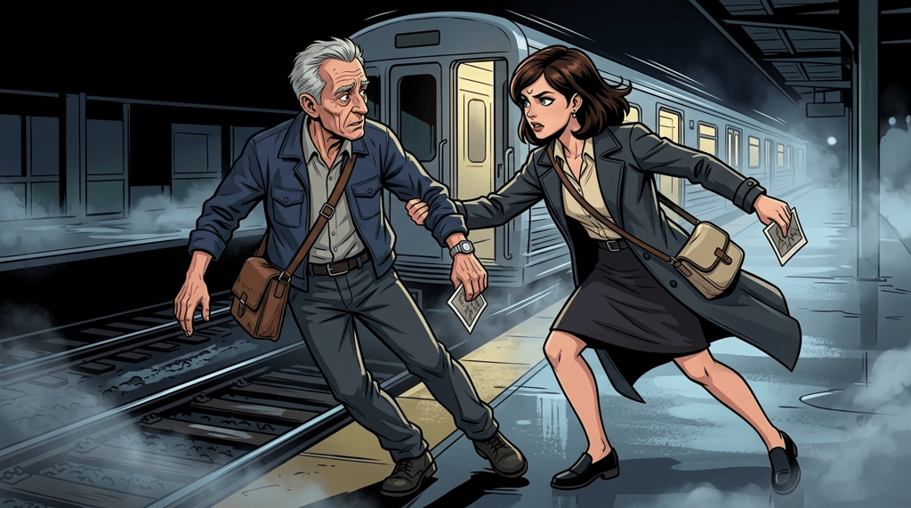 The Last Train — page 2 panel 1: Before Elias can reach Mara, every station light abruptly fails. Darkness swallows the platform, and the last train jolts forward with its doors still open. Mara lunges from the right side toward Elias on the platform edge, while Elias reaches back in alarm.