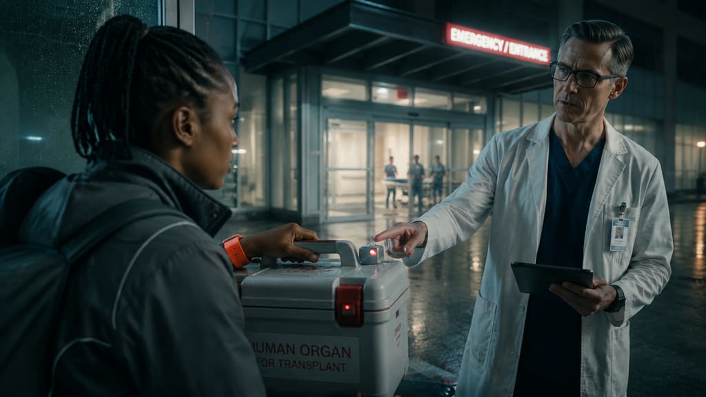 Across the Storm — page 2 panel 1: Inside the bright lobby, Mara sees a blinking tracking device hidden beneath the cooler's handle. Dr. Elias Venn arrives with a tablet and reveals that the heart has been diverted to an unauthorized recipient; the transplant team is preparing to begin without it.