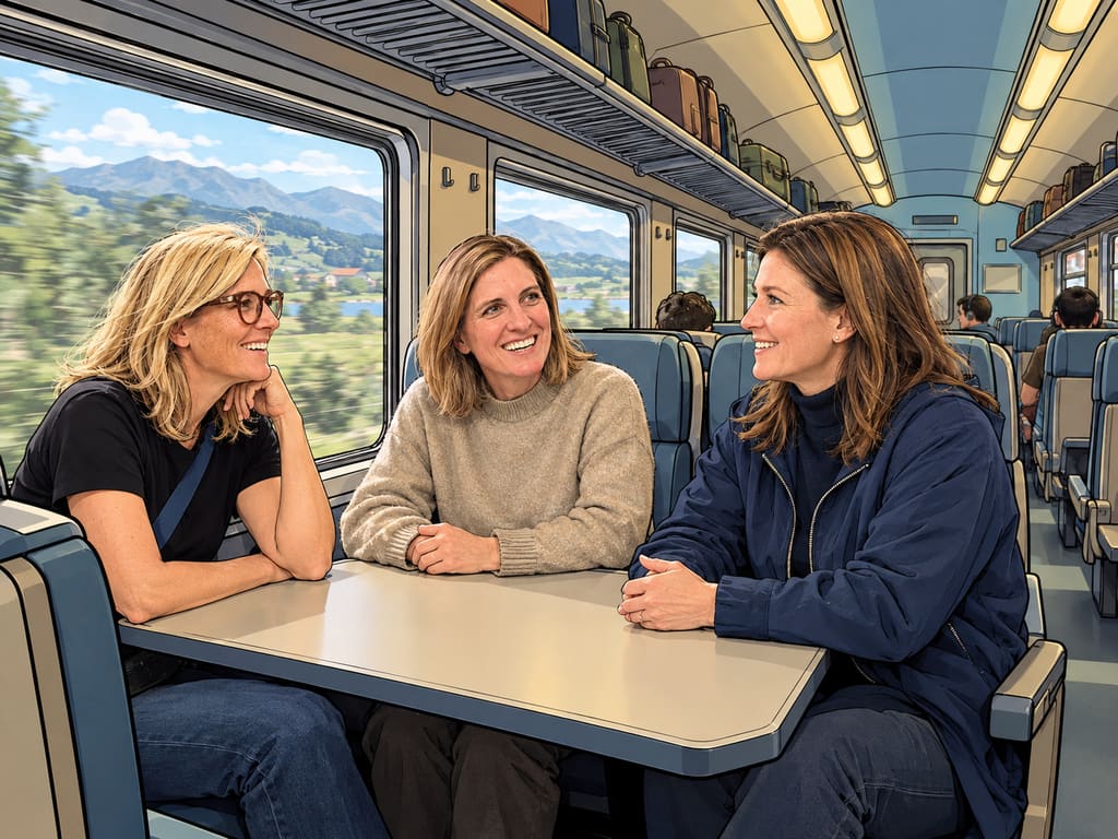 WO STERNE VERSPROCHEN WERDEN — page 2 panel 1: Julie, Conny und Sylvia sitzen gemeinsam in einem fahrenden Personenzug. Die Bahn gleitet durch eine wechselnde Landschaft, während die drei Frauen ihre geheime Mission fortsetzen.