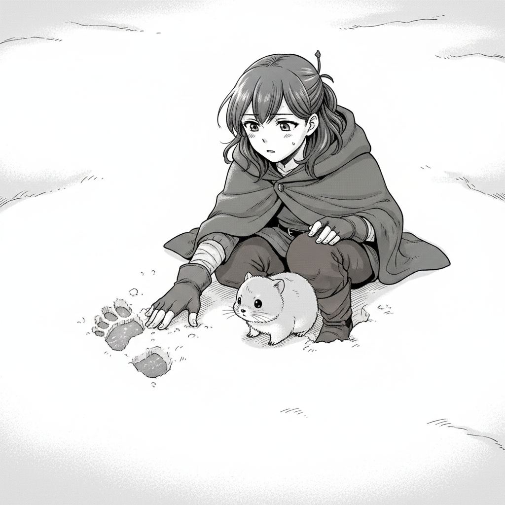 The Silent Ridge — page 2 panel 2: Elara kneels, brushing away a thin layer of fresh powder to reveal a series of distinct, deep footprints in the snow. They are unmistakably human, leading away from the ridge. Pip cautiously sniffs at the first print, equally puzzled.