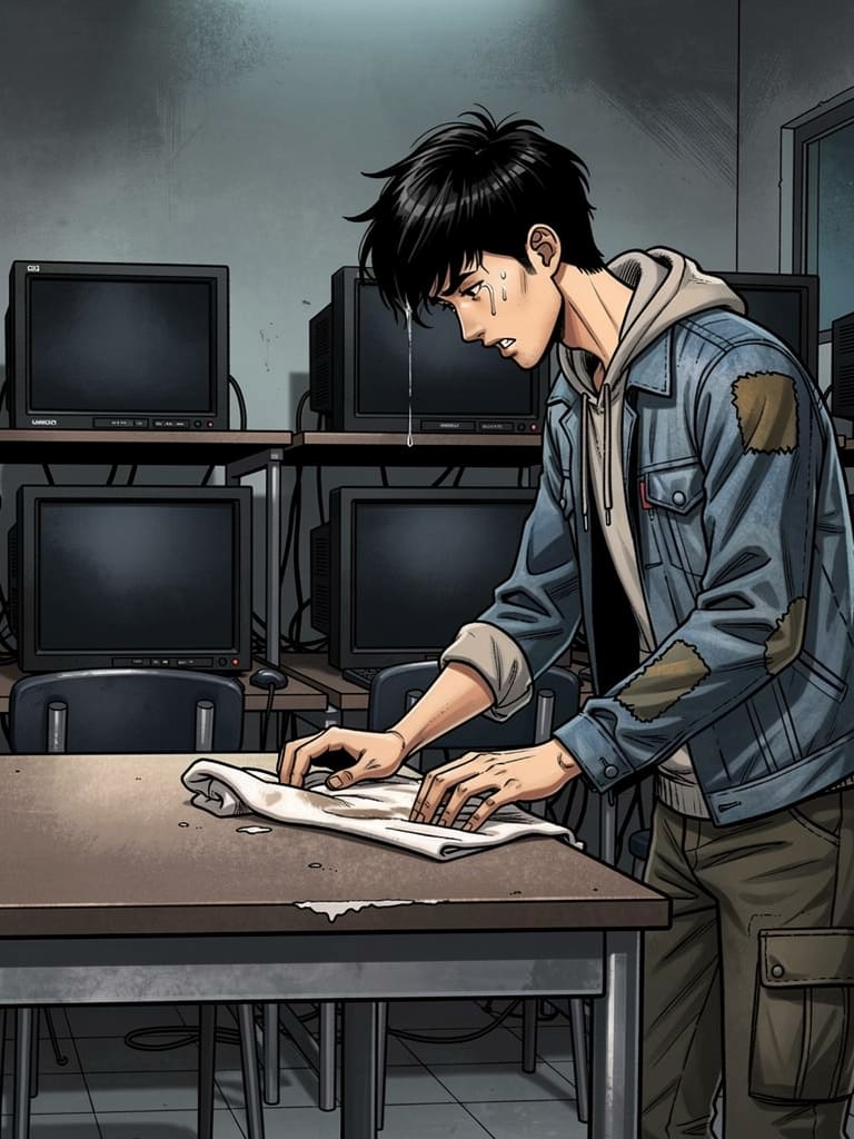 赵明的夏天 — page 2 panel 2: 深夜,网吧里只剩下零星几个顾客,赵明独自一人,疲惫地擦拭着桌椅,汗水打湿了发梢。