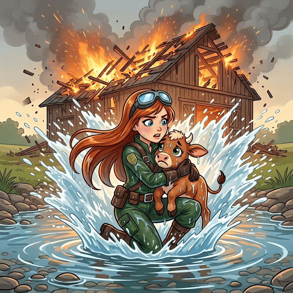 Skye the Sky-Rider: Barn Fire — page 2 panel 2: Skye lands with a triumphant splash in the shallow creek, moments before the barn roof completely collapses behind her in a dramatic fiery roar.