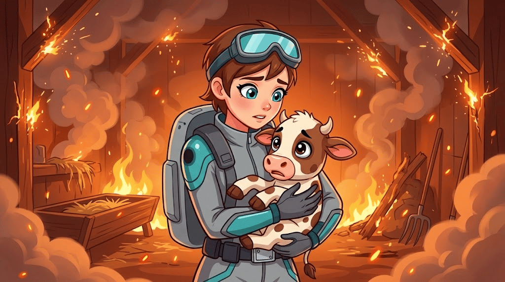 Skye the Sky-Rider: página 2, viñeta 2: Inside the collapsing barn, Skye finds a terrified calf amidst the smoke and falling embers. She gently but firmly scoops the small animal into her arms, offering a comforting presence.