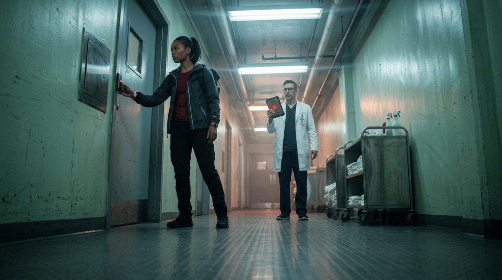 Across the Storm — page 2 panel 2: Mara follows the tracker into the locked service corridors. A red location pulse on Dr. Elias Venn's tablet points beyond a sealed steel door while the transplant team's operation clock begins counting down in the distance.