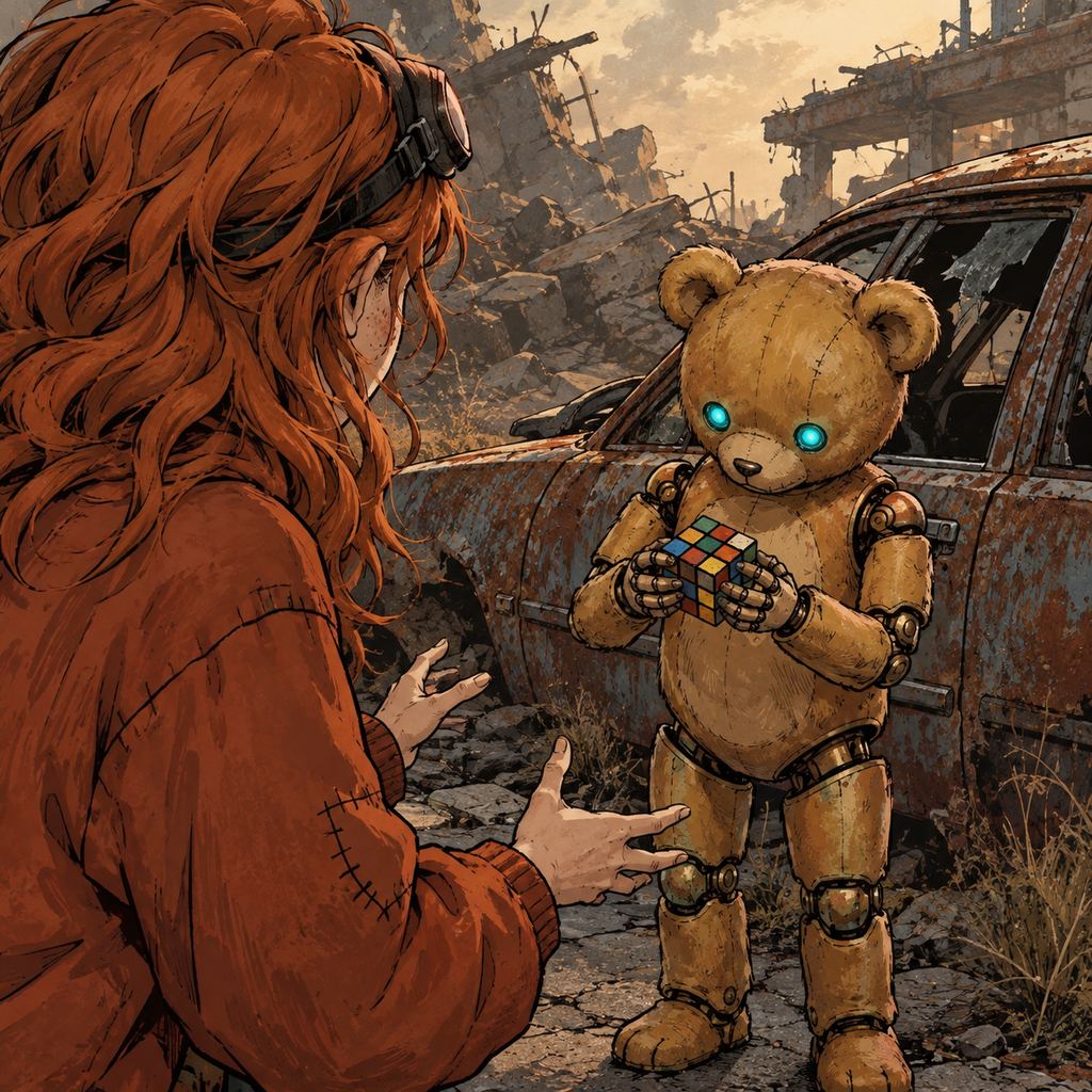 Ivy dans le paysage post-apocalyptique — page 2 panel 2: Ivy se redresse juste assez pour regarder derrière elle. Ted est toujours assis près de la voiture, concentré sur le Rubik’s Cube.