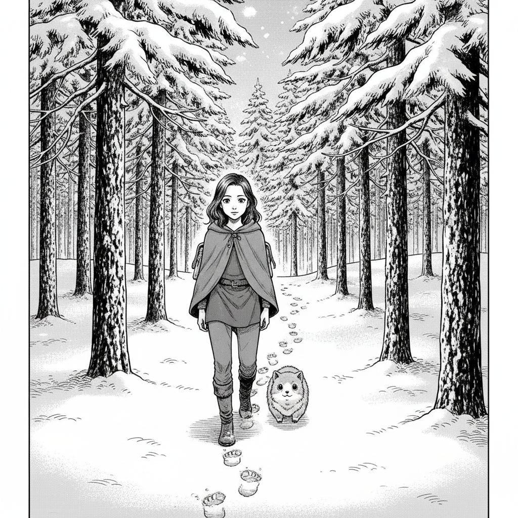 The Silent Ridge — page 2 panel 3: Compelled by curiosity, Elara begins to follow the trail of footprints. They lead her down a gentle slope from the ridge into a more forested, snow-laden area. The tracks are clear, a silent invitation drawing her deeper into the frosted wilderness. Pip trots diligently beside her.