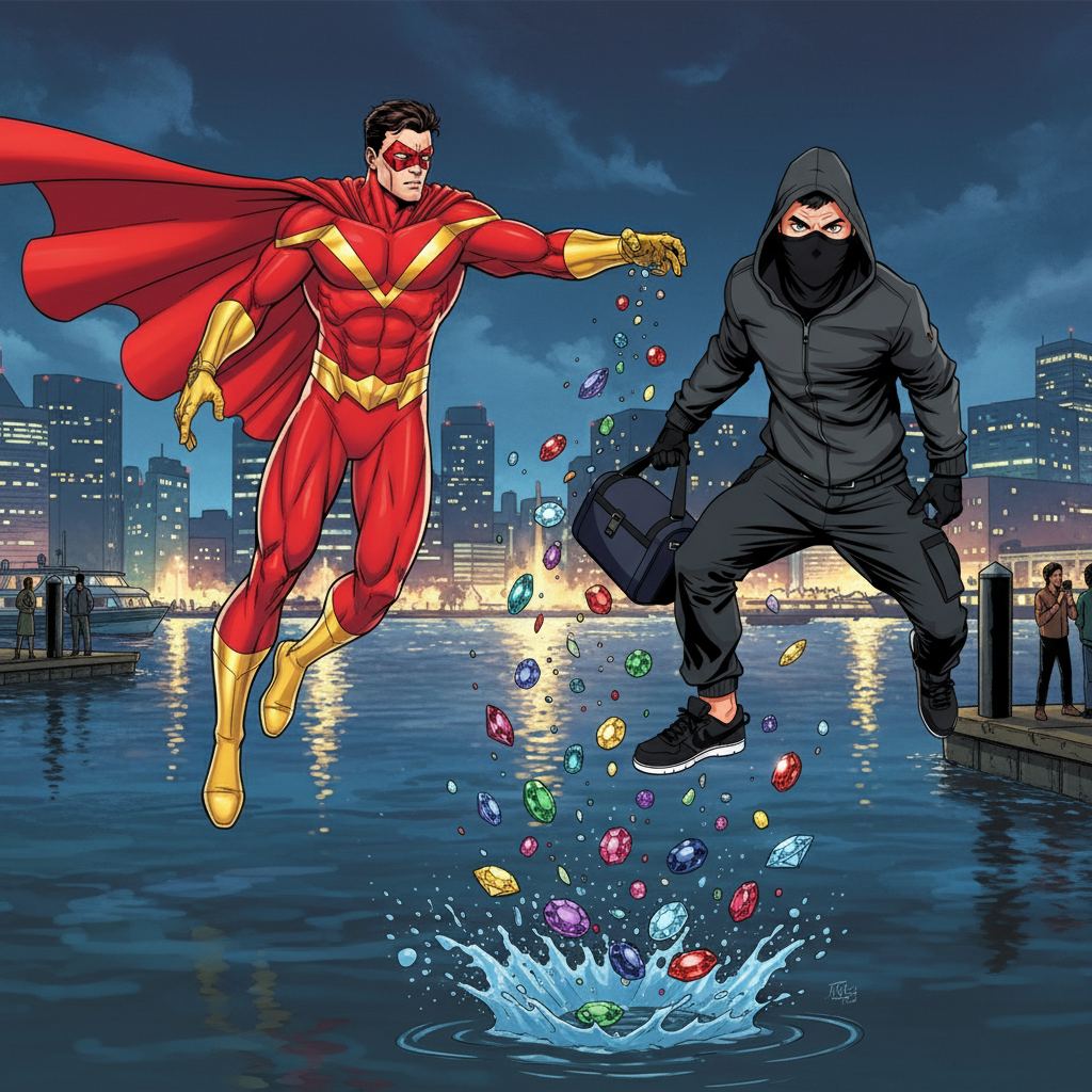Crimson Comet: Harbor Heist — page 2 panel 3: Still mid-air, plummeting towards the sparkling harbor below, Crimson Comet reaches out with lightning speed. He snatches the thief just as he's about to hit the water, the jewels scattering around them.