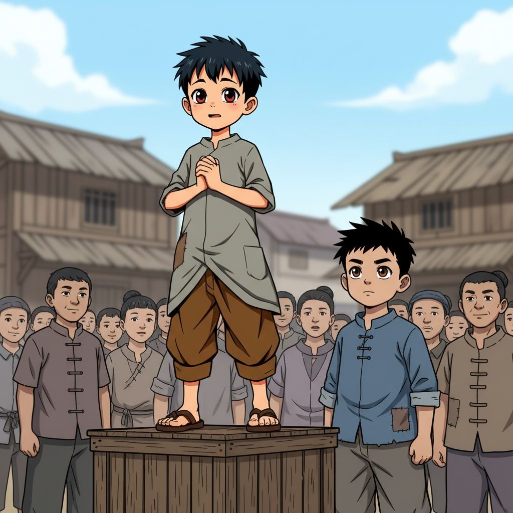 王二小智斗鬼子 — page 2 panel 4: 在伙伴的鼓励下，王二小（char_1）鼓起勇气，走上简易讲台。他深吸一口气，面对着台下期待的目光，开始讲述自己引诱鬼子的经过。
