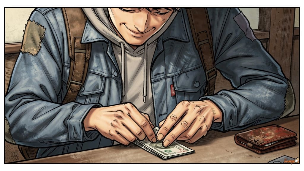 赵明的夏天 — page 2 panel 4: 赵明在休息时间,小心翼翼地数着攒下的钱,眼神中充满了希望和满足。