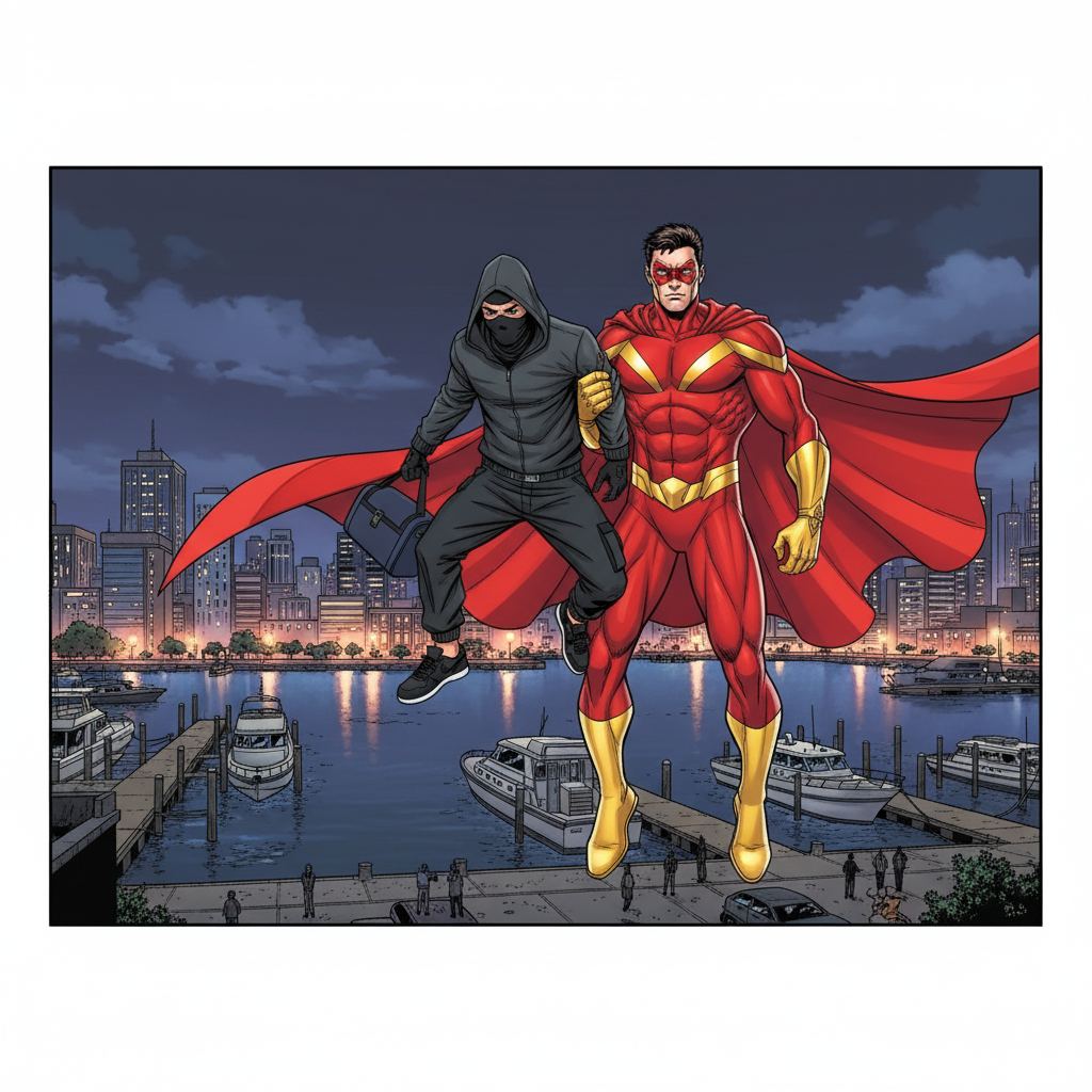 Crimson Comet: Harbor Heist — page 2 panel 4: Comet holds the stunned thief firmly, suspended in the air. The thief's bag is empty, the jewels now recovered. Defeat washes over the thief as Comet's grip is inescapable.