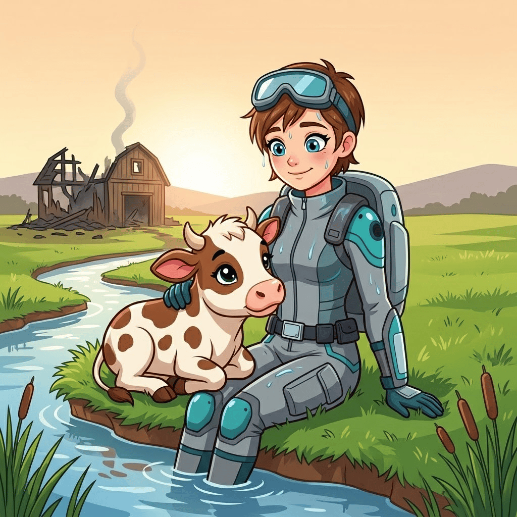 Skye the Sky-Rider: página 2, viñeta 4: Skye sits on the creek bank, exhausted but safe, the calf nuzzling against her. The smoldering ruins of the barn are a stark reminder of the danger averted, but life has been saved.