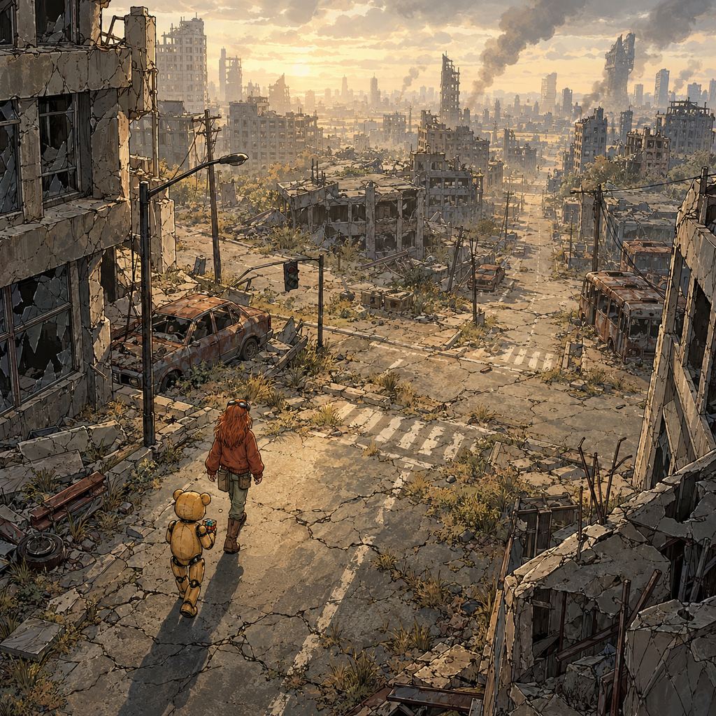 Ivy dans le paysage post-apocalyptique — page 2 panel 4: Ils quittent la carcasse de voiture et s’engagent dans une rue dévastée. Ivy avance la première, Ted reste près d’elle.