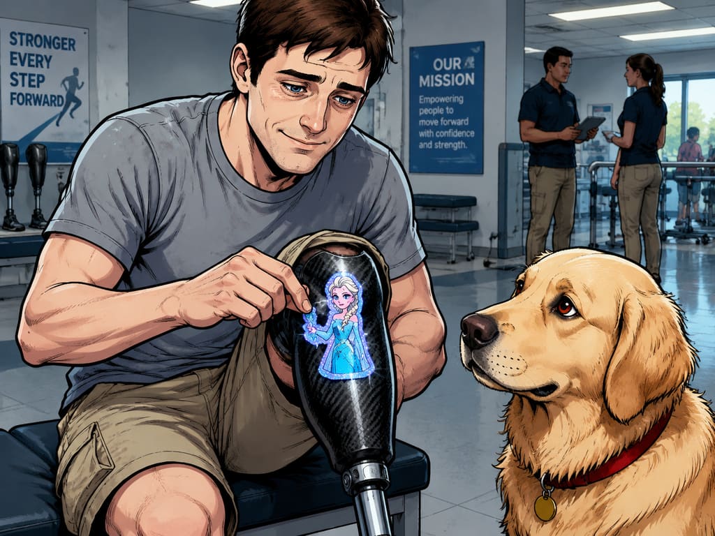 The Ghost Leg and the Coming Storm — page 2 panel 5: Andrew accepts the Elsa sticker and presses it onto the sleek carbon fiber of his prosthetic. A small, genuine smile touches his lips, a rare expression. Watson watches from nearby, thumping his tail once.