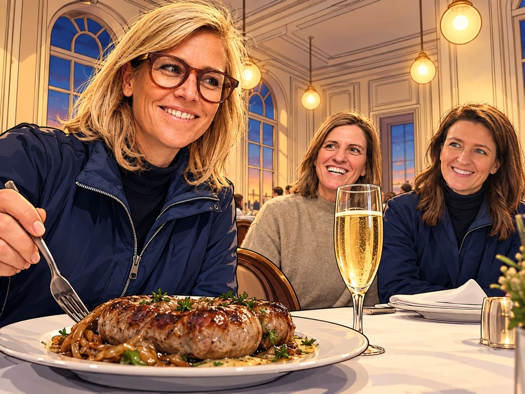 WO STERNE VERSPROCHEN WERDEN — page 2 panel 5: Zum ersten Mal erscheint die rustikale französische Andouillette. Julie sitzt glücklich vor ihrem Gericht, während das Champagnerglas neben ihrem Teller glänzt. Ihre Prioritäten sind eindeutig.