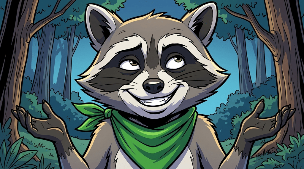 The Burn Pile Council — page 2 panel 1: Bandit rolls his eyes and shrugs, completely unbothered by the lecture.