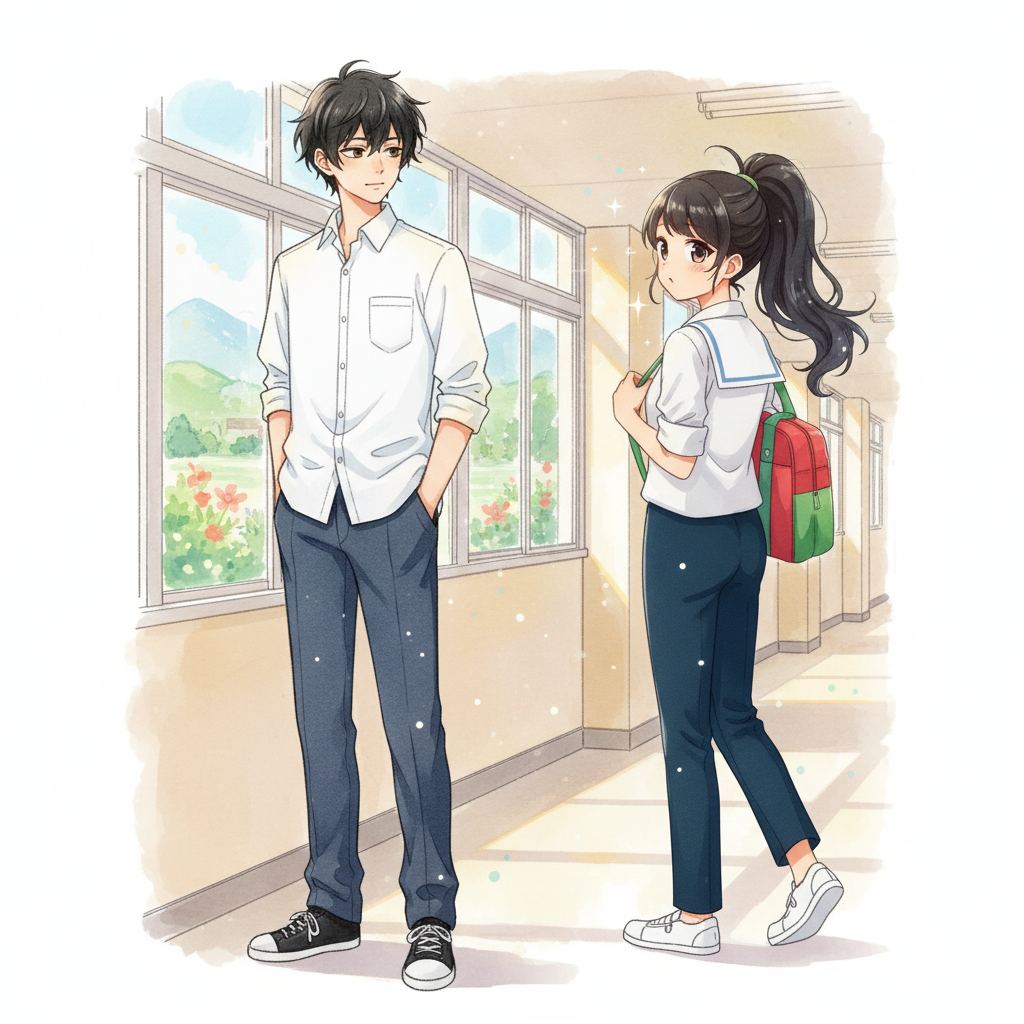 Semester Baru, Awal yang Baru — page 2 panel 1: Raka menghela napas, membuat keputusan. Saat itu, Lia, sahabatnya, melintas sambil menyapa ceria, memberinya sedikit dorongan tak langsung.