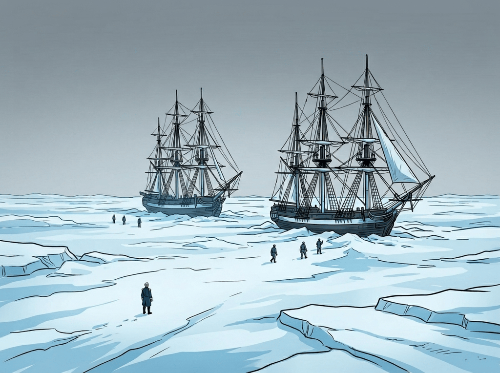 The Man Who Outlived the Ice — page 2 panel 1: The ships are now completely entombed in a vast, silent expanse of ice, dwarfed by the desolate Arctic landscape. The scene feels truly isolated and hopeless.
