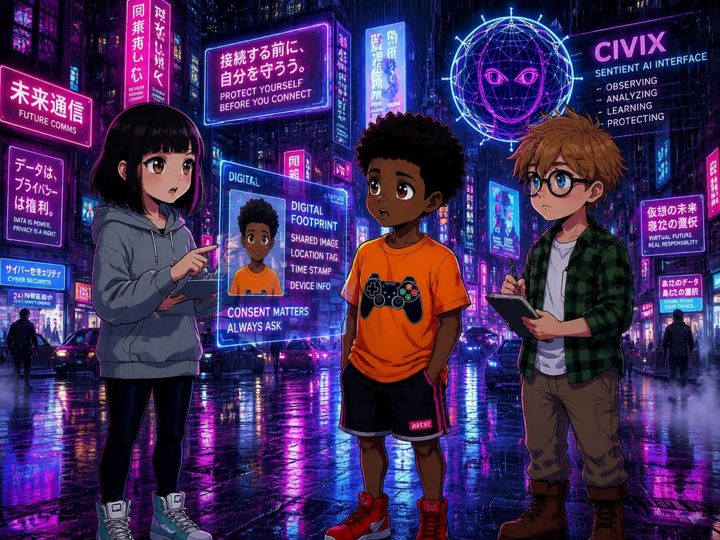 The Digital Defenders: CIVIX Adventure: página 2, viñeta 1: The trio huddles, discussing the concept of digital footprint and consent. Maya points at the floating photo, explaining the importance of asking permission.