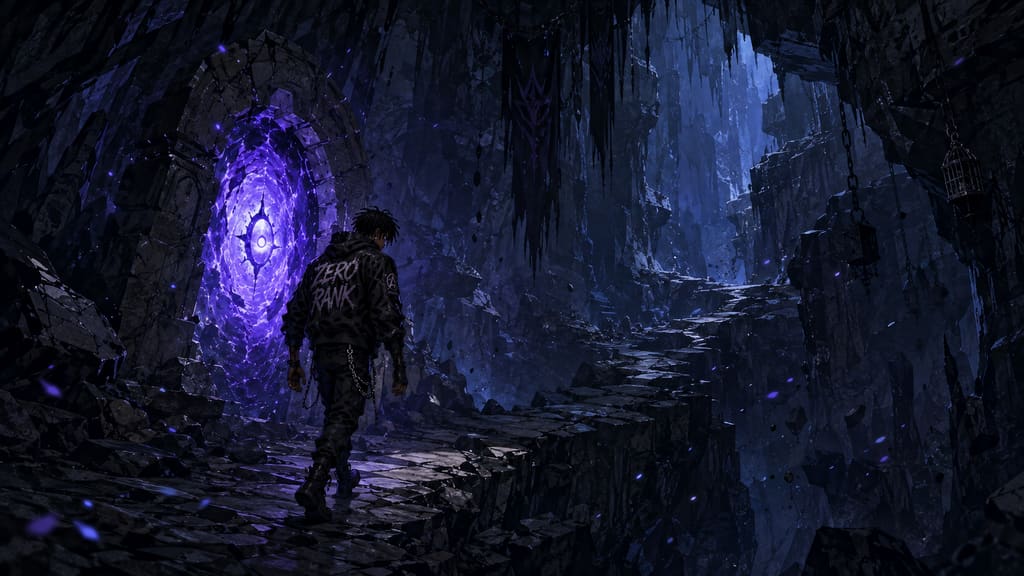 ZERO RANK — Episode 1: Rank Zero — page 2 panel 1: Inside the low-level Gate, Malik enters a cavern of strange energy and jagged stone. The silence makes every step feel like a mistake.