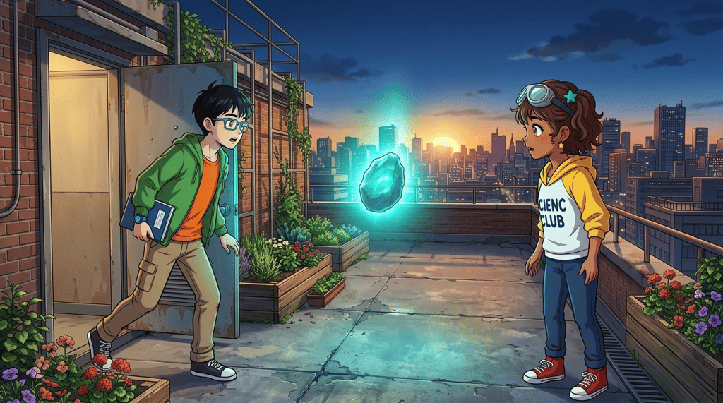 The Secret Above the City — page 2 panel 1: Leo bursts through the rooftop door, breathless. He sees the floating rock and Maya’s expression, and all their argument becomes real.