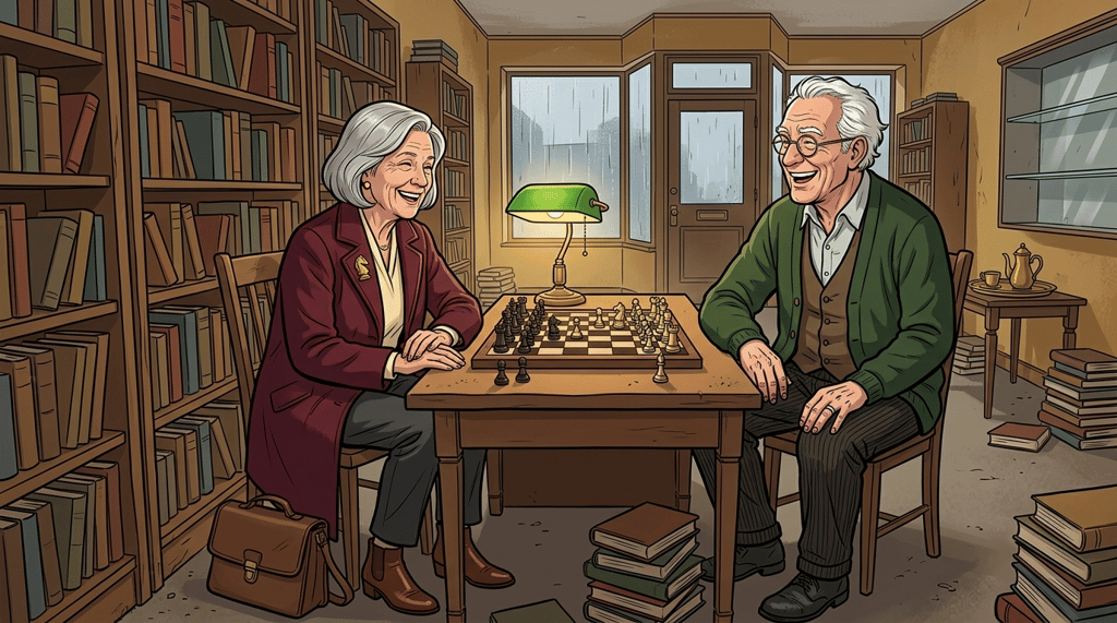 The Last Deliberate Draw — page 2 panel 1: The accusation collapses into laughter when both remember the same absurd distraction from the final match.