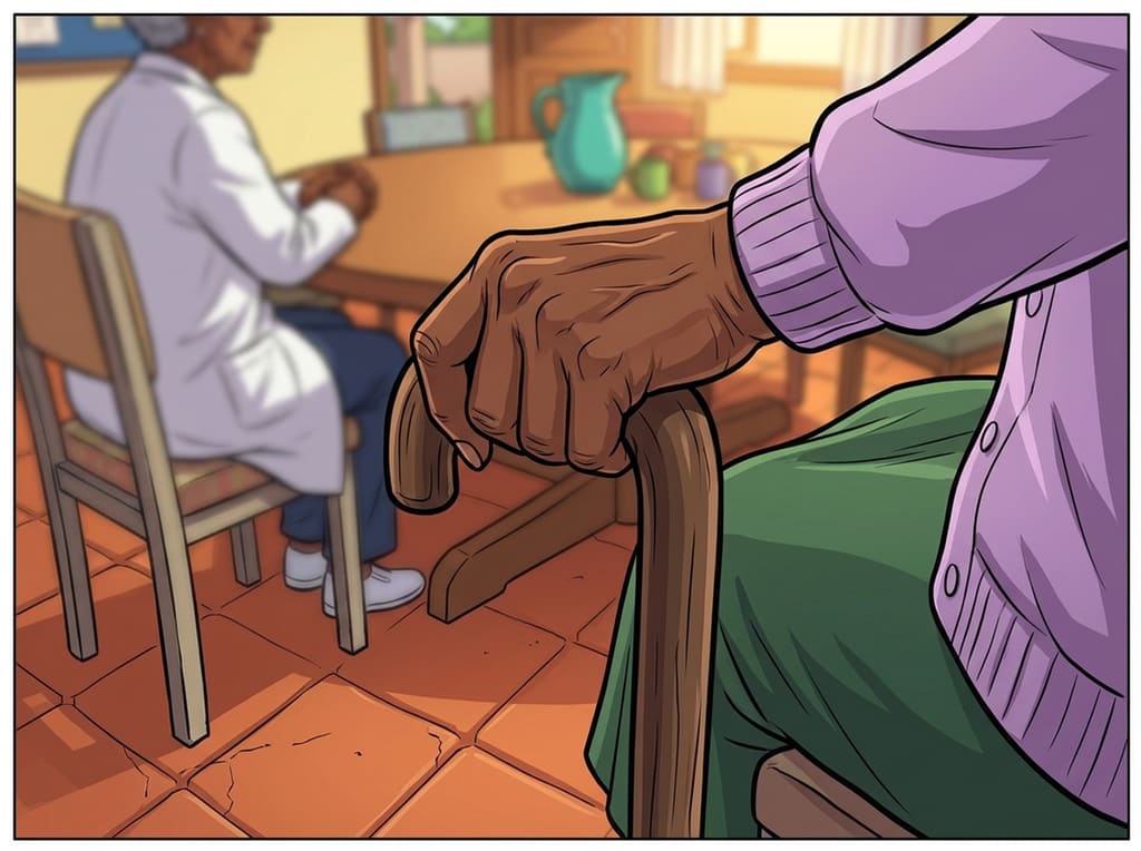 Renascer: Cuidar de Si Também é Viver — page 2 panel 1: Lucília pensa antes de responder. A pergunta toca algo mais profundo do que o exame: sua decisão de cuidar de si.