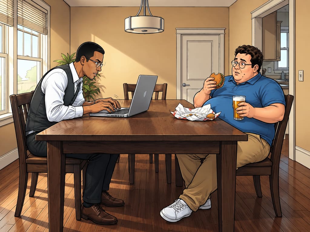 Datagedreven afvallen........ of niet? — page 2 panel 1: Elias types furiously as new BMI and cholesterol graphs rise beside the weight graph; Martin reclines with a hamburger and beer.