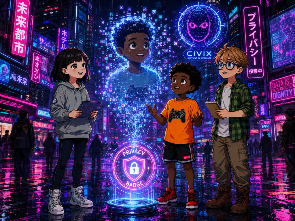 The Digital Defenders: CIVIX Adventure: página 2, viñeta 2: The trio sends a polite digital request. The floating photo pixelates and vanishes. CIVIX glows brightly, awarding them the 'Privacy Badge.' Jordan looks relieved.