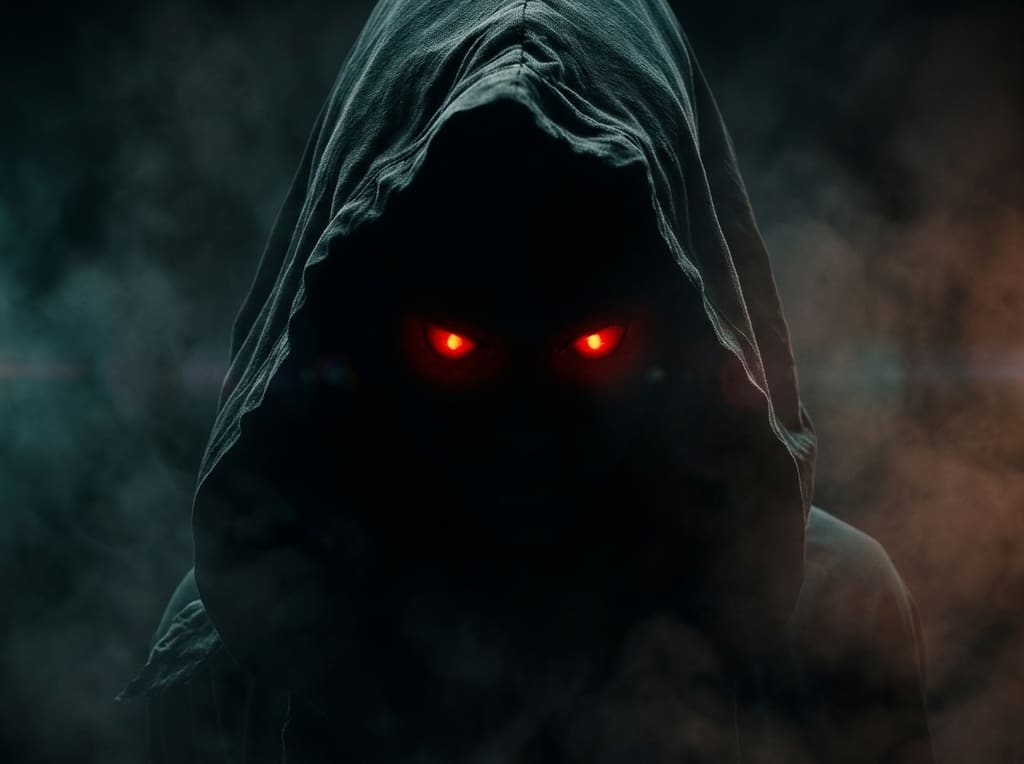Things That Wait — page 2 panel 2: Extreme close-up on the hooded figure's face. Deep within the shadow of the hood, two glowing red eyes burn through the dark mist.