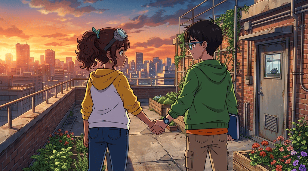 The Secret Above the City — page 2 panel 2: The next morning, the rock is dark and silent in the specimen cabinet. At sunset, Maya and Leo shake hands on the rooftop, sealing their secret as the city glows below.