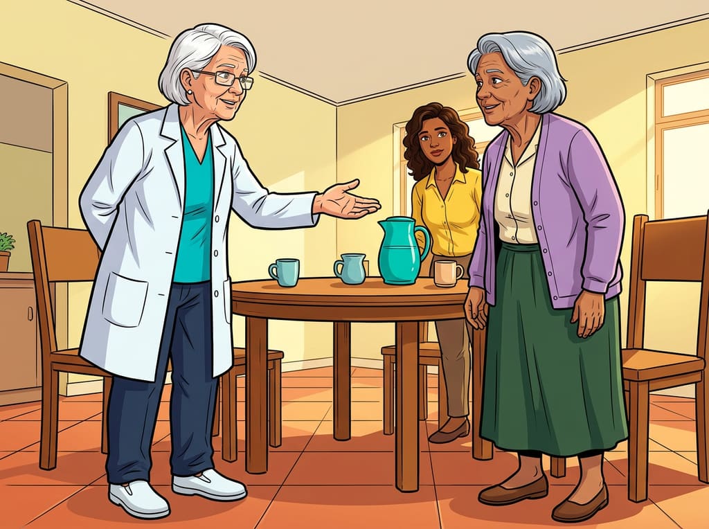 Renascer: Cuidar de Si Também é Viver — page 2 panel 2: Terezinha aponta gentilmente para o corpo de Lucília, sem invadir. A frase transforma o corpo em parte da própria história dela.